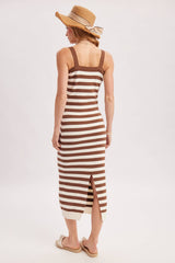 STRIPED SQUARE NECK SLEEVELESS KNIT MIDI DRESS