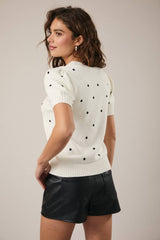 ROUND NECK PUFF SHORT SLEEVE "POLKA DOT" EMBROIDERED SWEATER: WHITE-BLACK DOT / L