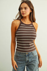 HIGH NECK STRIPE BRA PADDED TANK TOP