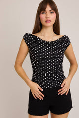 OFF SHOULDER TOP WITH SIDE RUCHING IN POLKA DOT
