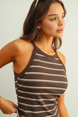HIGH NECK STRIPE BRA PADDED TANK TOP
