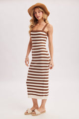 STRIPED SQUARE NECK SLEEVELESS KNIT MIDI DRESS
