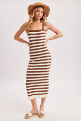 STRIPED SQUARE NECK SLEEVELESS KNIT MIDI DRESS