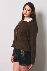 Cable Knit Boxy Crew Neck Cardigan Sweater