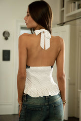 AMARA Polka Dot Contrast Lace Peplum Hem Halter Top