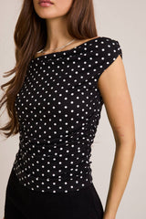 OFF SHOULDER TOP WITH SIDE RUCHING IN POLKA DOT