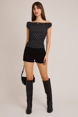 OFF SHOULDER TOP WITH SIDE RUCHING IN POLKA DOT