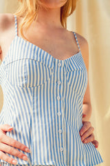 STRIPE STRETCH FABRIC BUTTON FRONT PEPLUM TOP