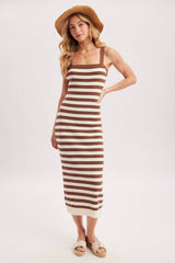 STRIPED SQUARE NECK SLEEVELESS KNIT MIDI DRESS