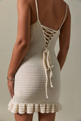BACK TIE RUFFLE HEM SLEEVELESS CROCHET MINI DRESS