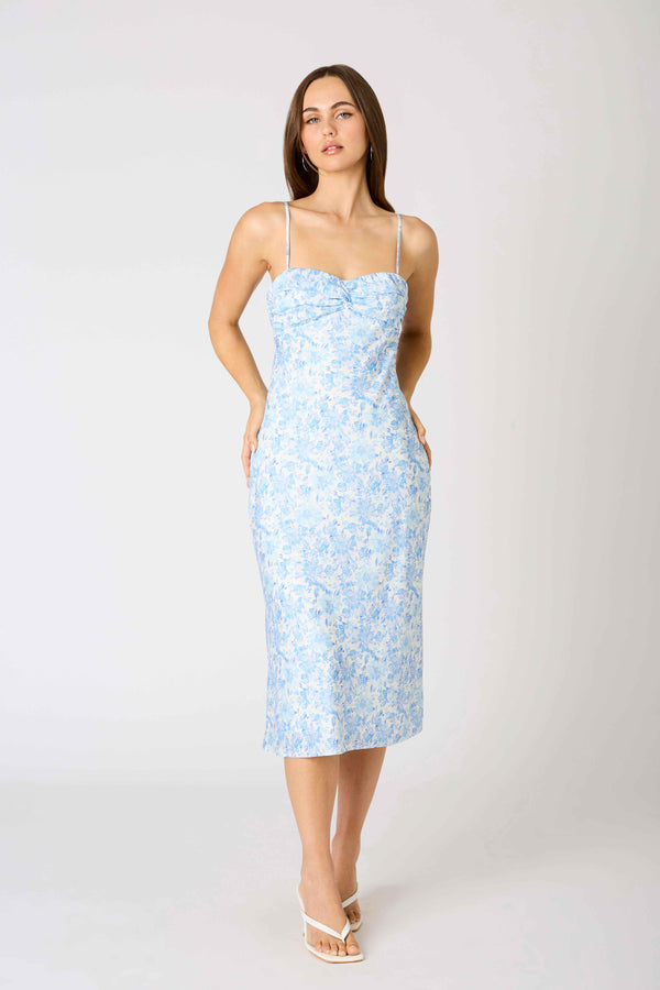 Blue Satin Floral Print Midi Dress