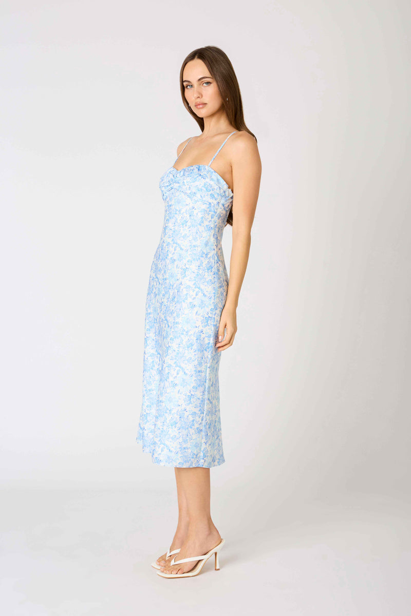 Blue Satin Floral Print Midi Dress