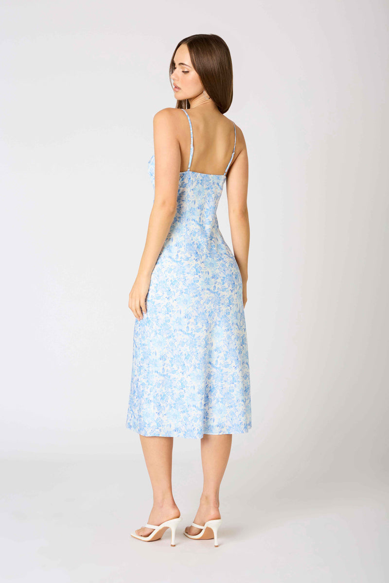 Blue Satin Floral Print Midi Dress