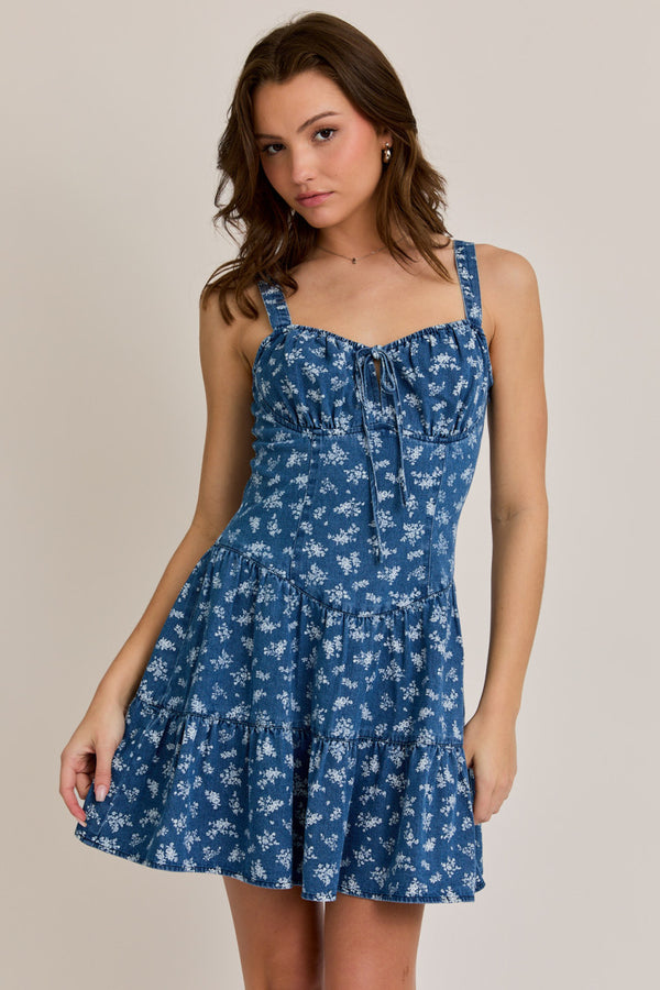 Sweetheart Neckline Corset Tiered Denim Mini Dress
