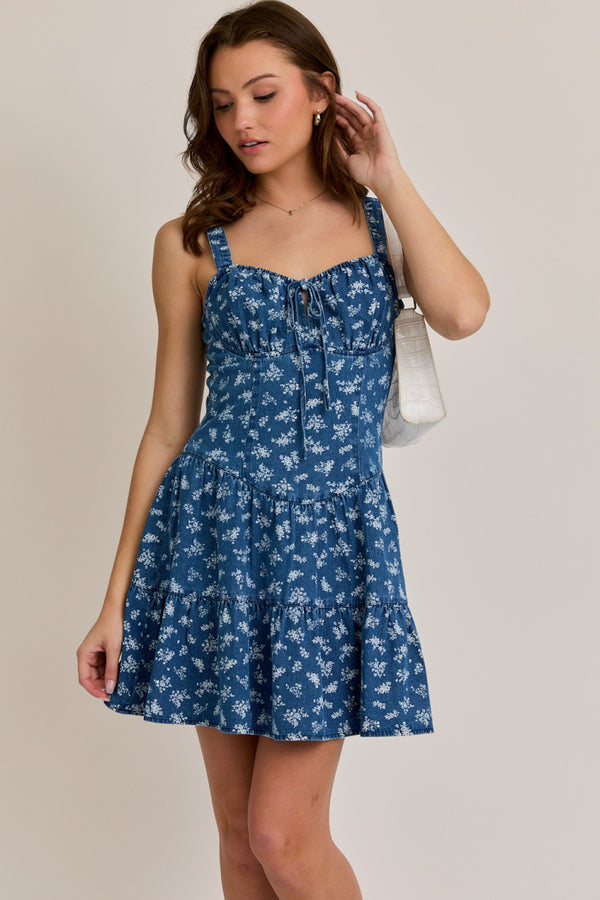 Sweetheart Neckline Corset Tiered Denim Mini Dress