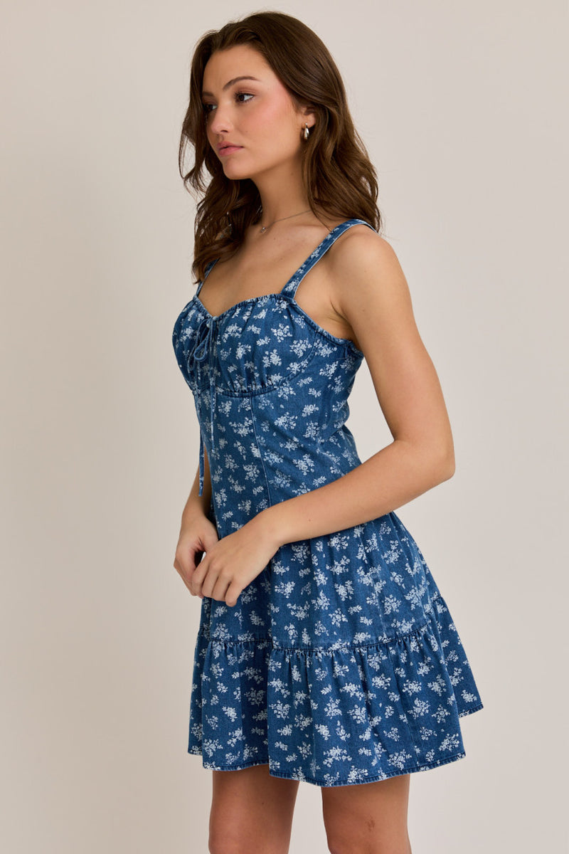Sweetheart Neckline Corset Tiered Denim Mini Dress