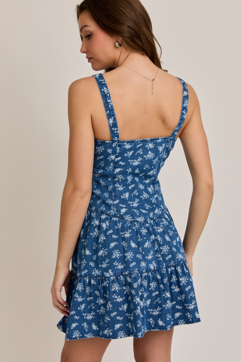 Sweetheart Neckline Corset Tiered Denim Mini Dress
