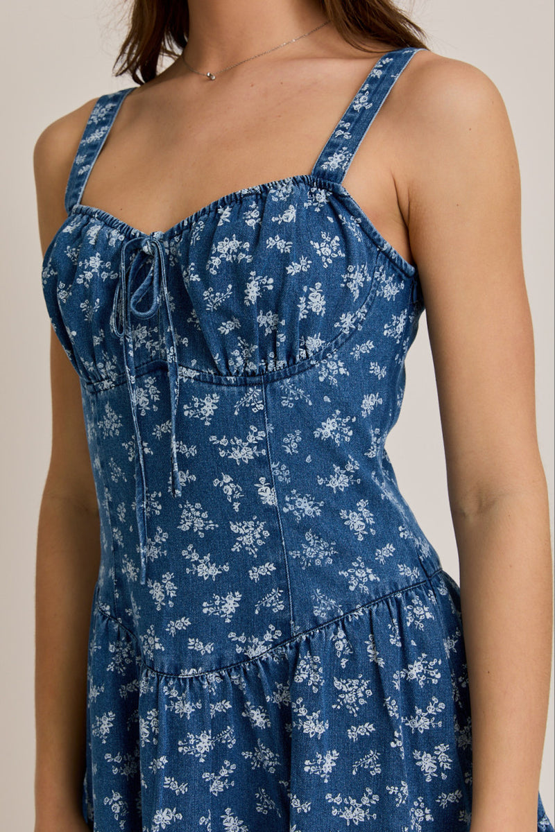 Sweetheart Neckline Corset Tiered Denim Mini Dress