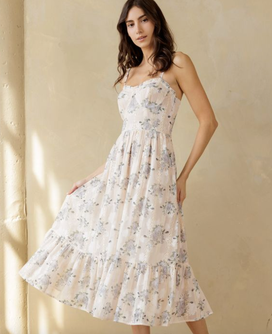 Blush‑Lavender Floral Midi Dress