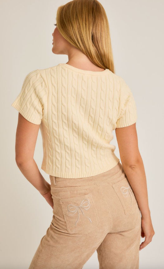 Cable Knit Short Sleeve Cropped Top - Navy