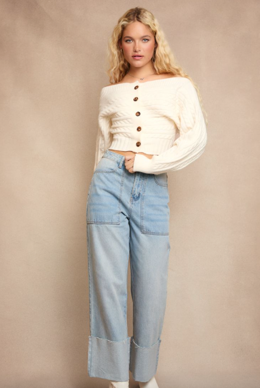 Off-Shoulder Button Down Sweater Top