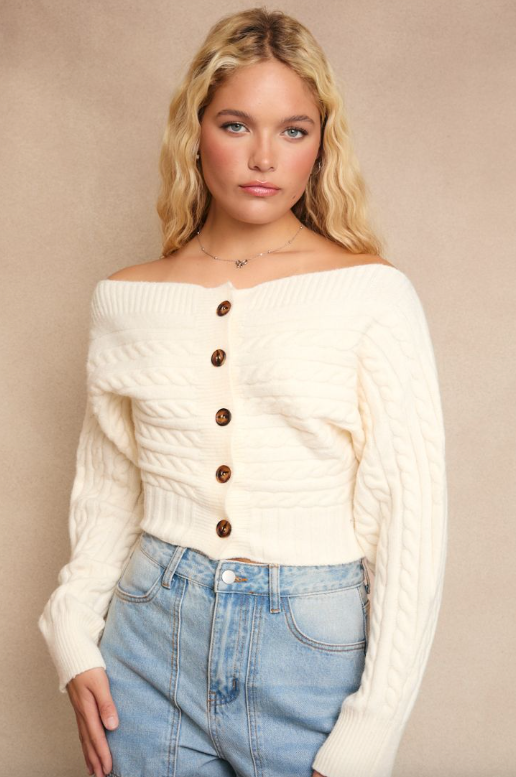 Off-Shoulder Button Down Sweater Top