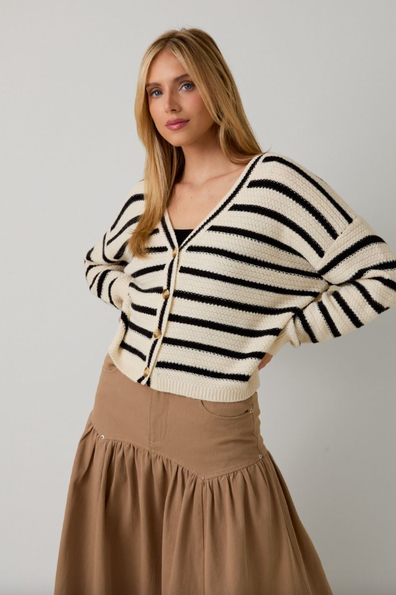 V-Neck Long Sleeve Button Up Stripe Sweater Cardigan