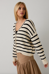 V-Neck Long Sleeve Button Up Stripe Sweater Cardigan