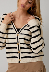 V-Neck Long Sleeve Button Up Stripe Sweater Cardigan