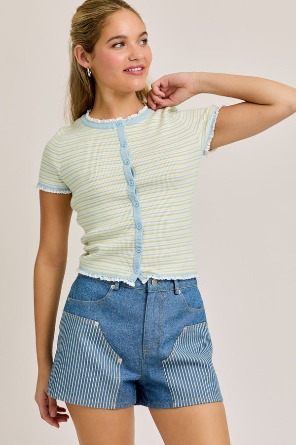 Cap Sleeve Round Neck Lace Trimmed Stripe Sweater Top