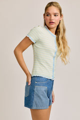 Cap Sleeve Round Neck Lace Trimmed Stripe Sweater Top