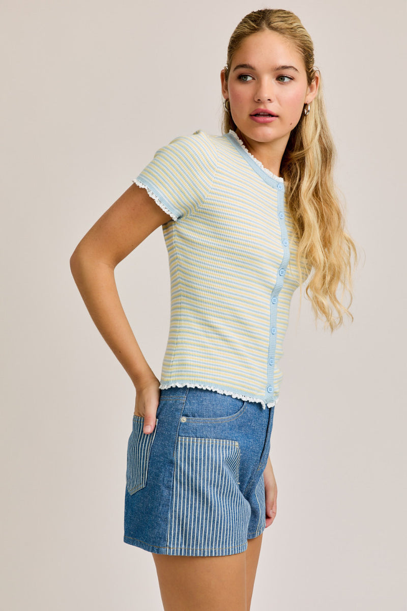 Cap Sleeve Round Neck Lace Trimmed Stripe Sweater Top