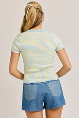 Cap Sleeve Round Neck Lace Trimmed Stripe Sweater Top