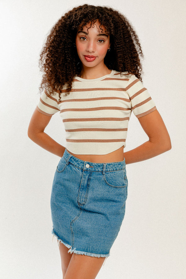 Basic Cropped Short Sleeve Stripe Knit Top