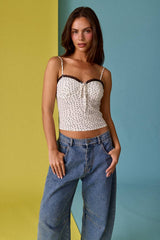 Dotted Lace Trim Corset Cami Top