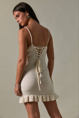 BACK TIE RUFFLE HEM SLEEVELESS CROCHET MINI DRESS
