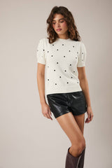 ROUND NECK PUFF SHORT SLEEVE "POLKA DOT" EMBROIDERED SWEATER: WHITE-BLACK DOT / L