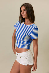 SHORT SLEEVE ROUND NECK STRIPE CROP T-SHIRT