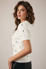 ROUND NECK PUFF SHORT SLEEVE "POLKA DOT" EMBROIDERED SWEATER: WHITE-BLACK DOT / L