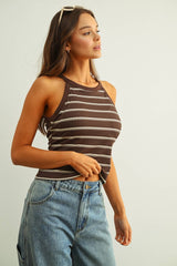 HIGH NECK STRIPE BRA PADDED TANK TOP