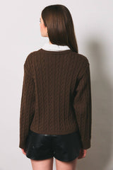 Cable Knit Boxy Crew Neck Cardigan Sweater
