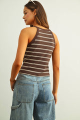 HIGH NECK STRIPE BRA PADDED TANK TOP