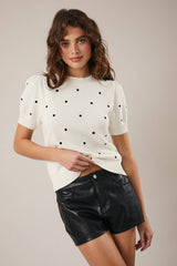 ROUND NECK PUFF SHORT SLEEVE "POLKA DOT" EMBROIDERED SWEATER: WHITE-BLACK DOT / L
