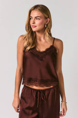Lace Trim Satin Spaghetti Strap Cami Top
