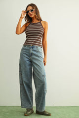 HIGH NECK STRIPE BRA PADDED TANK TOP