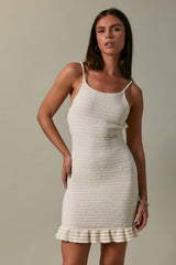 BACK TIE RUFFLE HEM SLEEVELESS CROCHET MINI DRESS