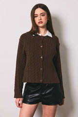 Cable Knit Boxy Crew Neck Cardigan Sweater