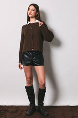 Cable Knit Boxy Crew Neck Cardigan Sweater