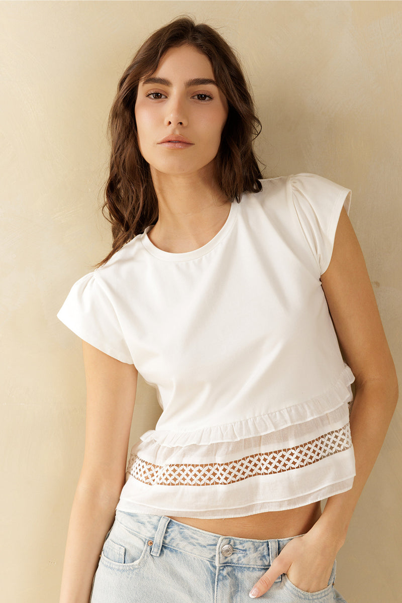 Detailed White Short Sleeve Top