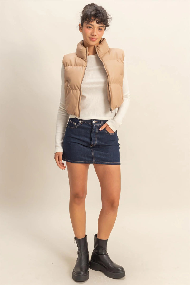 Faux Leather Cropped Puffer Vest
